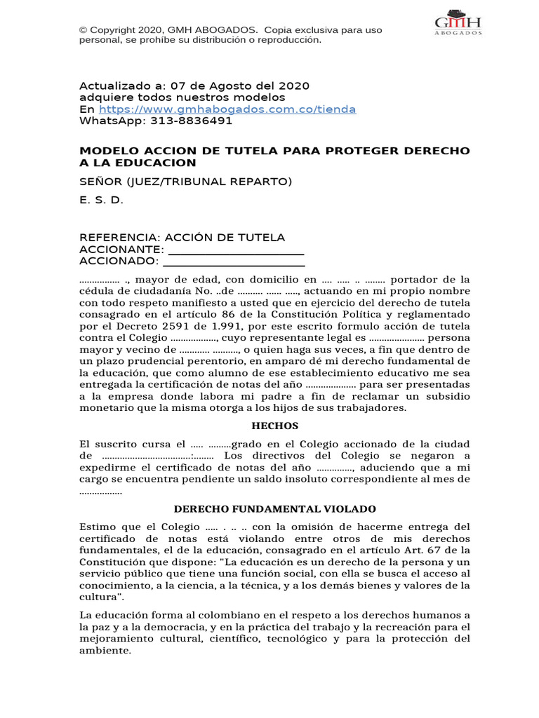 Derecho A La Educación Acción de Tutela | PDF