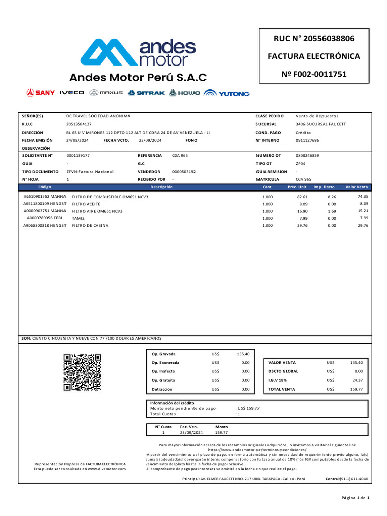 RUC #20556038806 Factura Electrónica #F002-0011751: Código Descripción ...