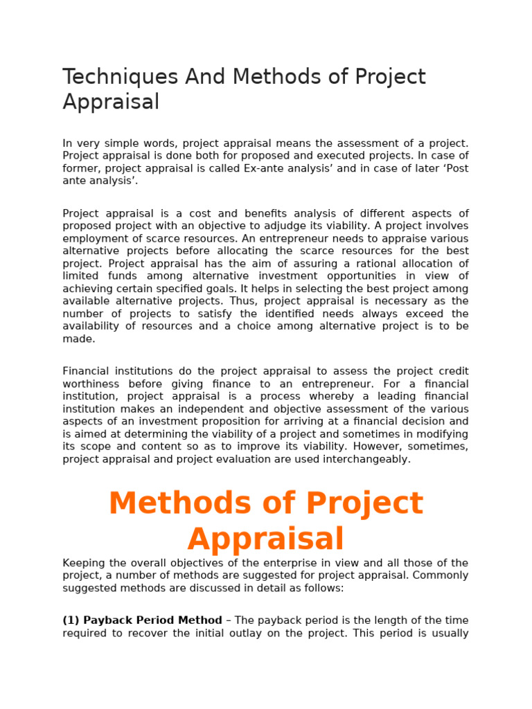 Techniques and Methods of Project Appraisal | PDF