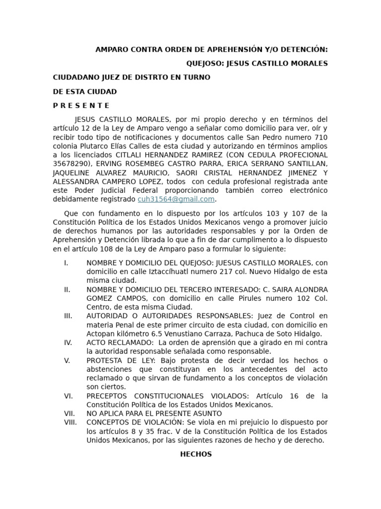 Amparo contra Orden de Aprehensión | PDF | Constitución | Violación