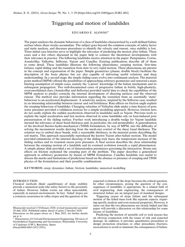 Alonso 2020 Triggering and Motion of Landslides | PDF