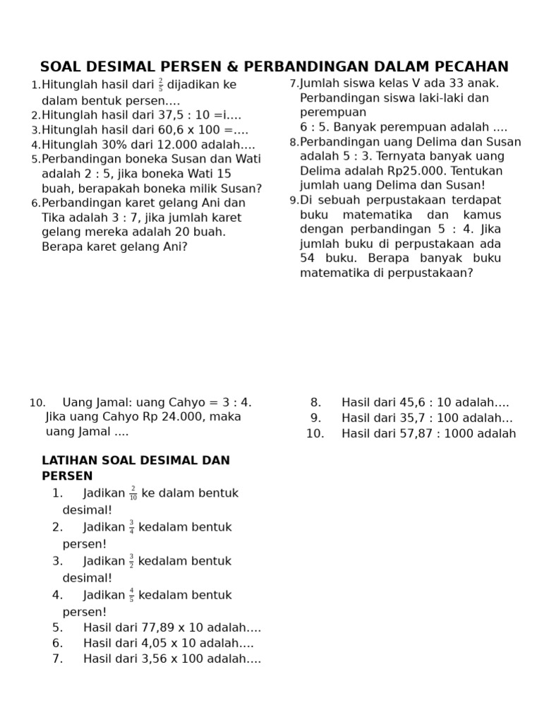 Lat Soal Persen Desimal Perbandingan Dalam Pecahan Grade 5 | PDF