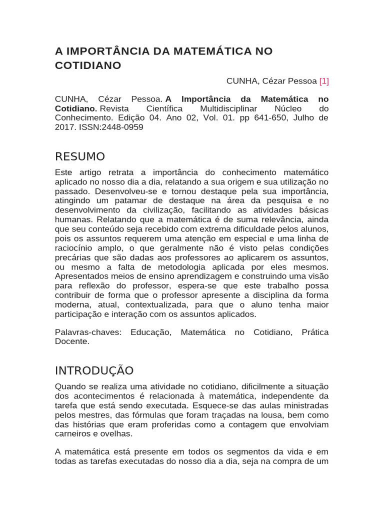 Texto 1 - A IMPORTÂNCIA DA MATEMÁTICA NO COTIDIANO | PDF