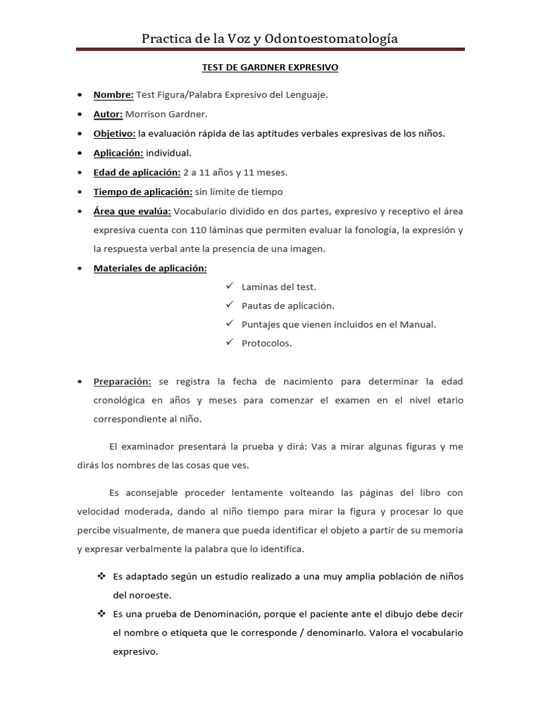 UNIDAD 8 - Test de Gardner EXPRESIVO y RECEPTIVO - Protocolo y Planilla ...
