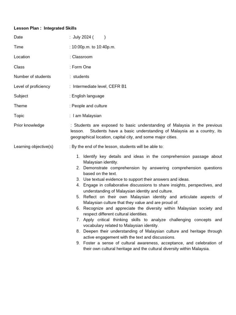 Integrated Skills Lesson: Malaysian Identity | PDF | Reading ...