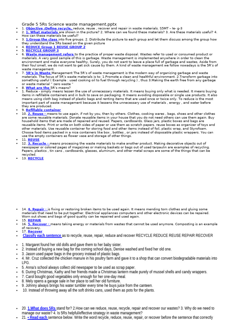 Grade 5 5Rs Science Waste Management | PDF