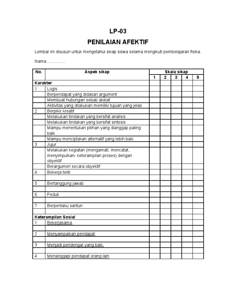 Lembar Penilaian PENILAIAN AFEKTIF
