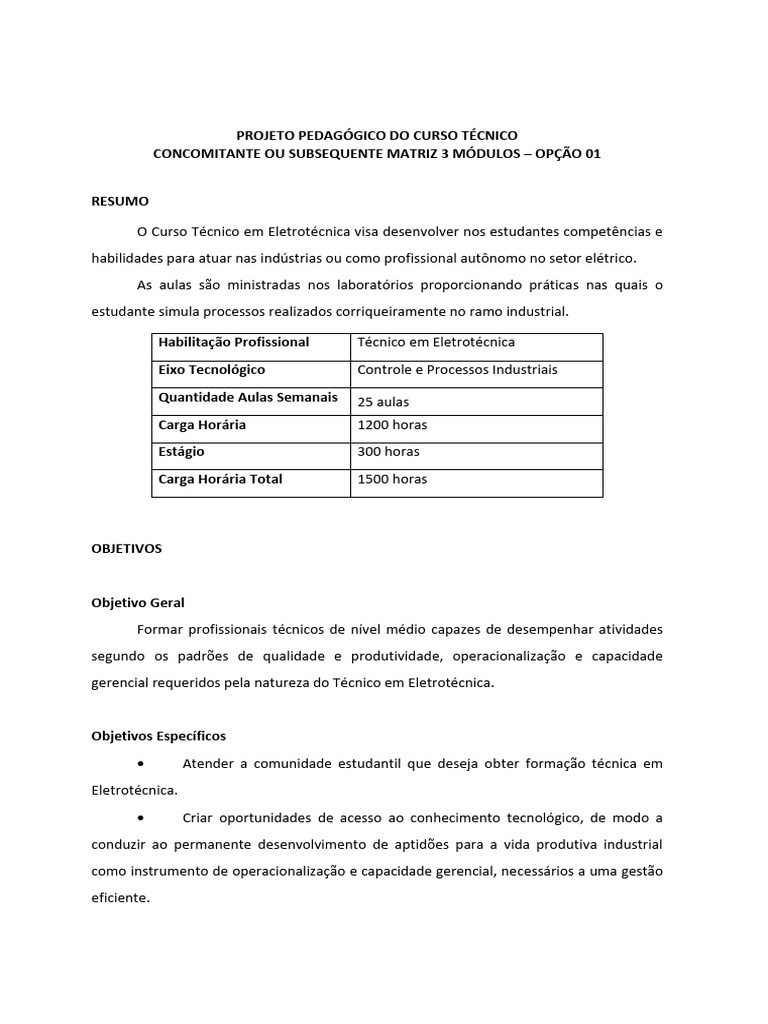 Plano de Curso Eletrotécnica Opção - 1 Matriz 3 Módulos Concomitante Ou ...