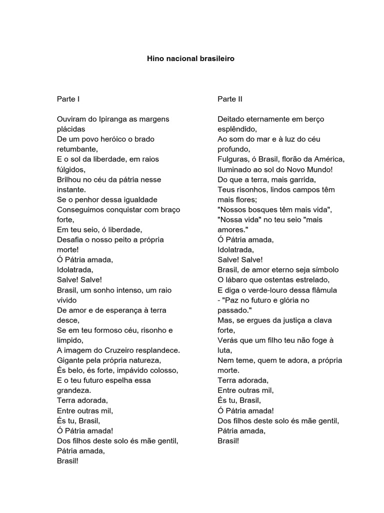 HINO NACIONAL Parte I Ouviram Do Ipiranga As Margens Plácidas de Um ...