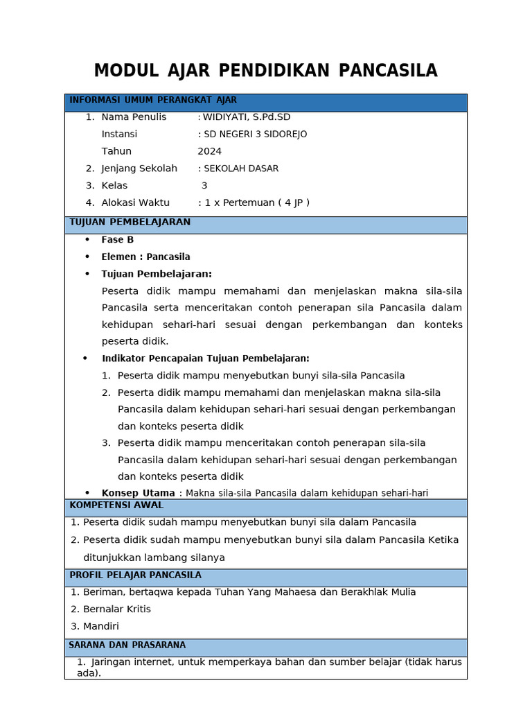 Modul Ajar Pendidikan Pancasila Kelas 3 Bu Wid | PDF