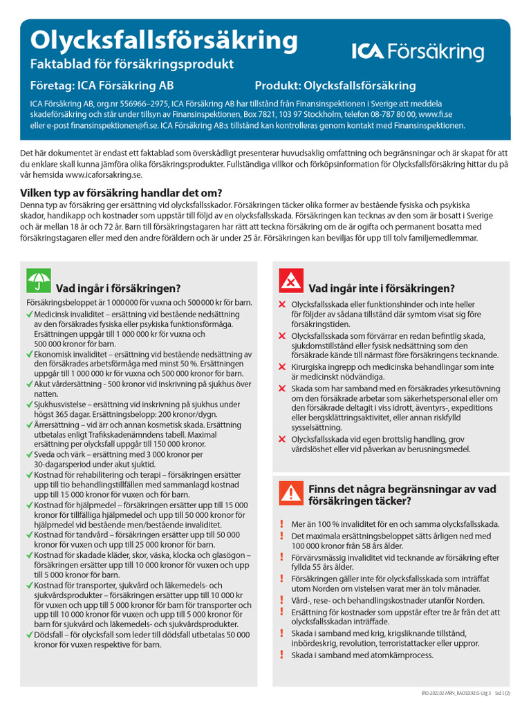 Produktblad Olycksfall | PDF