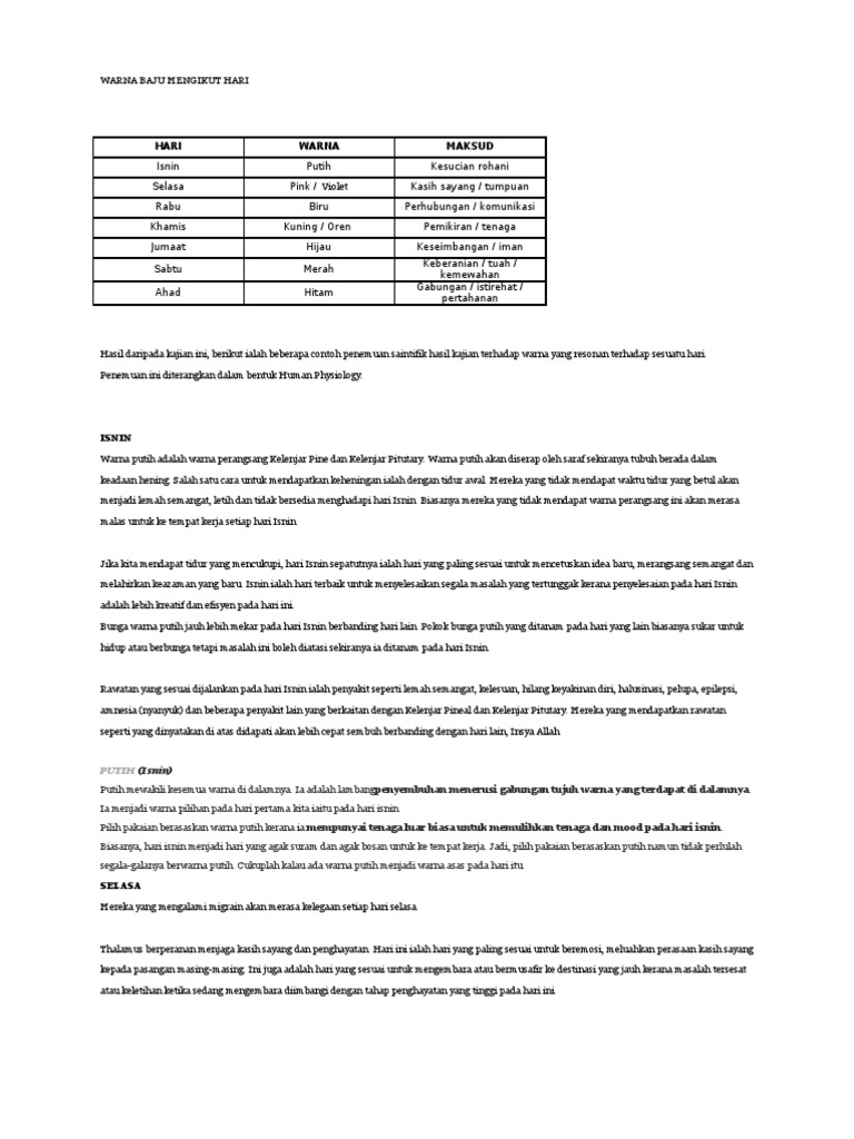 Warna Baju Mengikut Hari Pdf