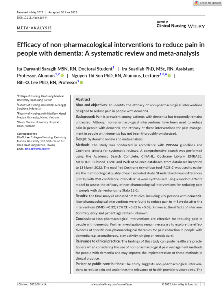 Efficacy of Non Pharmacological Interventions To Reduce Pain in People ...