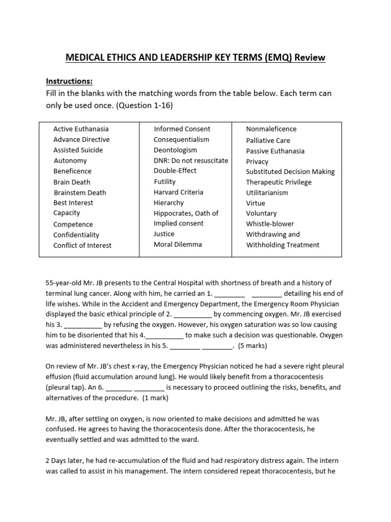 Quiz Medical Ethics and Leadership Terms To Know | PDF