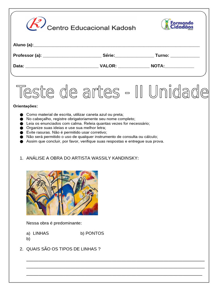 Prova Artes 7 Ano 1 Unidade | PDF