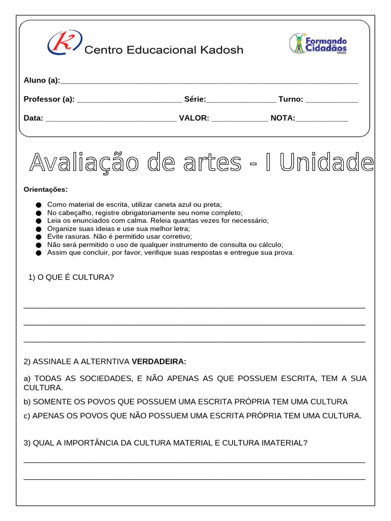 Prova Artes 6 Ano 1 Unidade | PDF | Pinturas | Modernismo