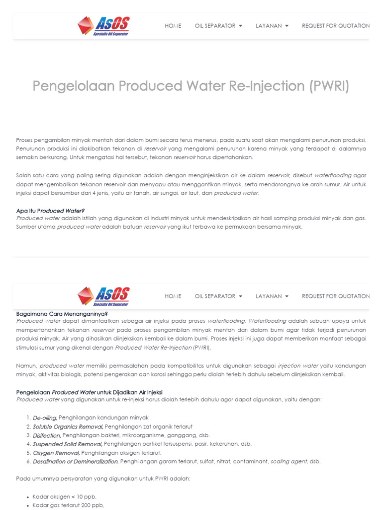 Pengelolaan Produced Water Re-Injection (PWRI) - Oil Separator | PDF