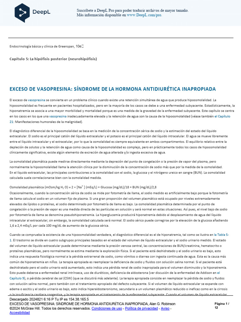 EXCESS VASOPRESSIN - SYNDROME OF INAPPROPRIATE ANTIDIURETIC HORMONE Es ...