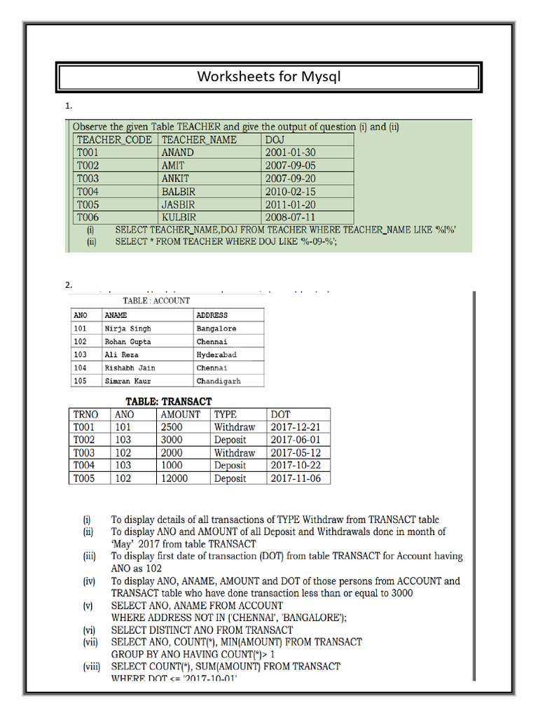 Worksheets For SQL | PDF