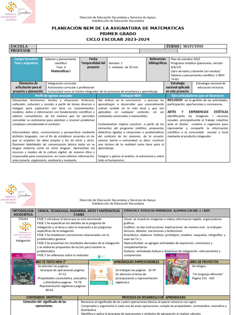 Planeación Nem de La Asignatura de Matematicas Primer Grado CICLO ...
