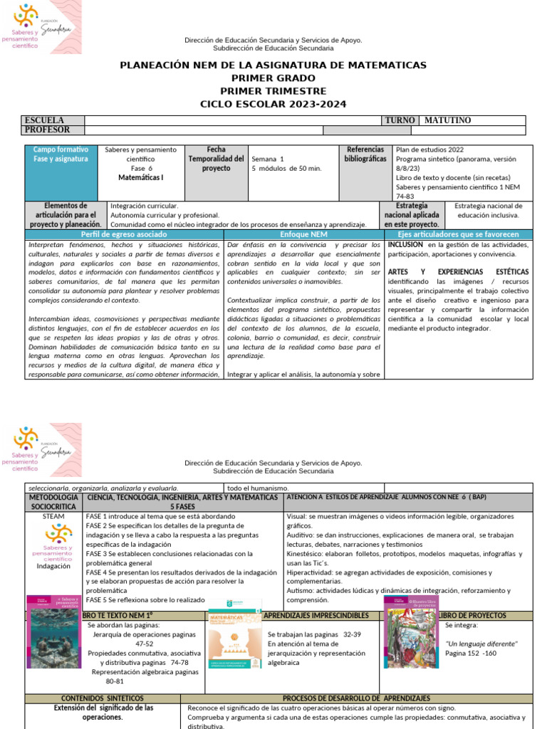 Planeación Nem de La Asignatura de Matematicas Primer Grado Primer ...