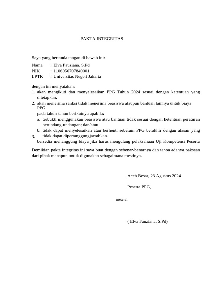 Template Pakta Integritas | PDF