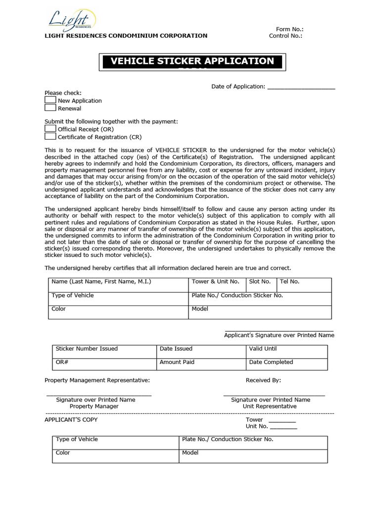 New Vehicle Sticker Application Form | PDF