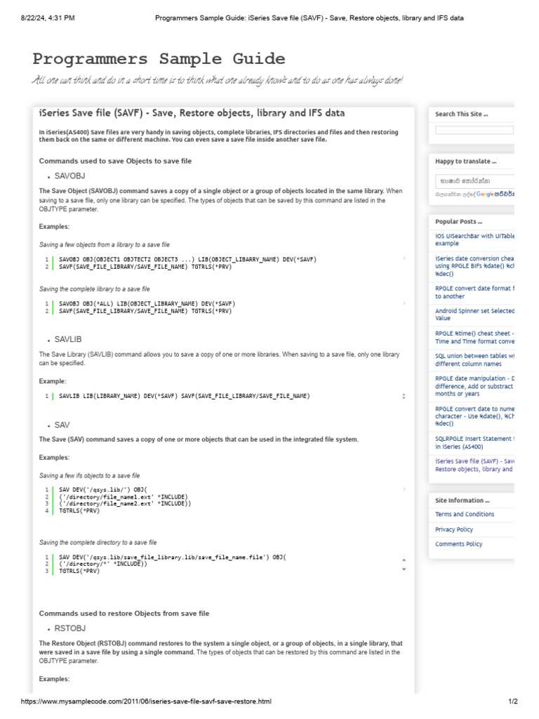Programmers Sample Guide - Iseries Save File (SAVF) - Save, Restore ...