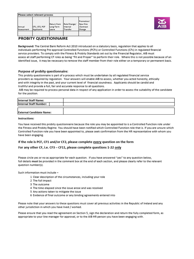 Probity Questionnaire | PDF