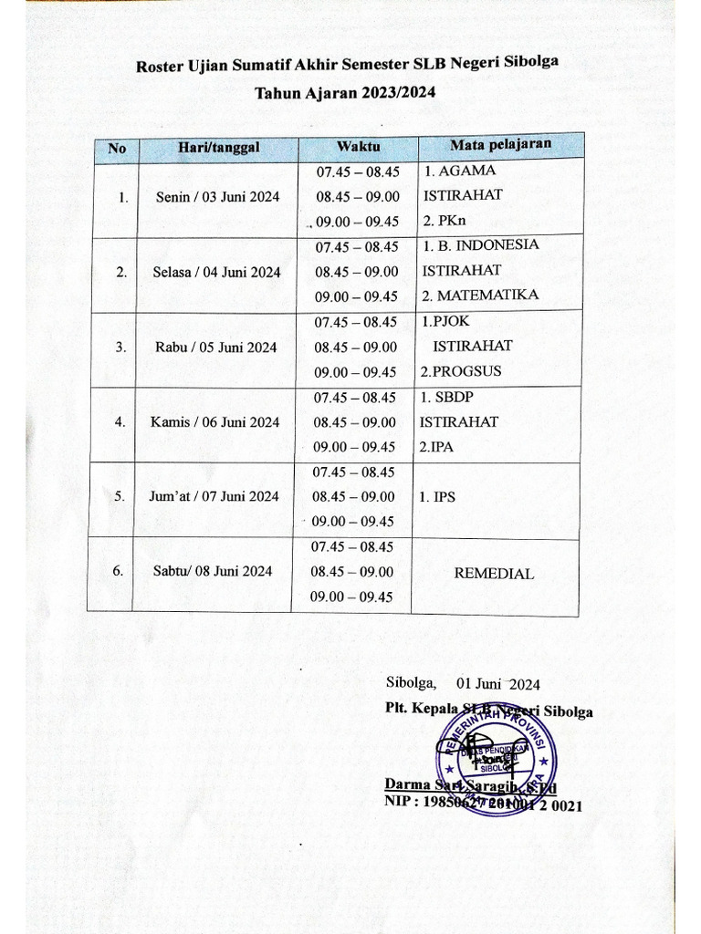Roster Ujian Semester Genap Tahun Pelajaran 2023-2024 | PDF
