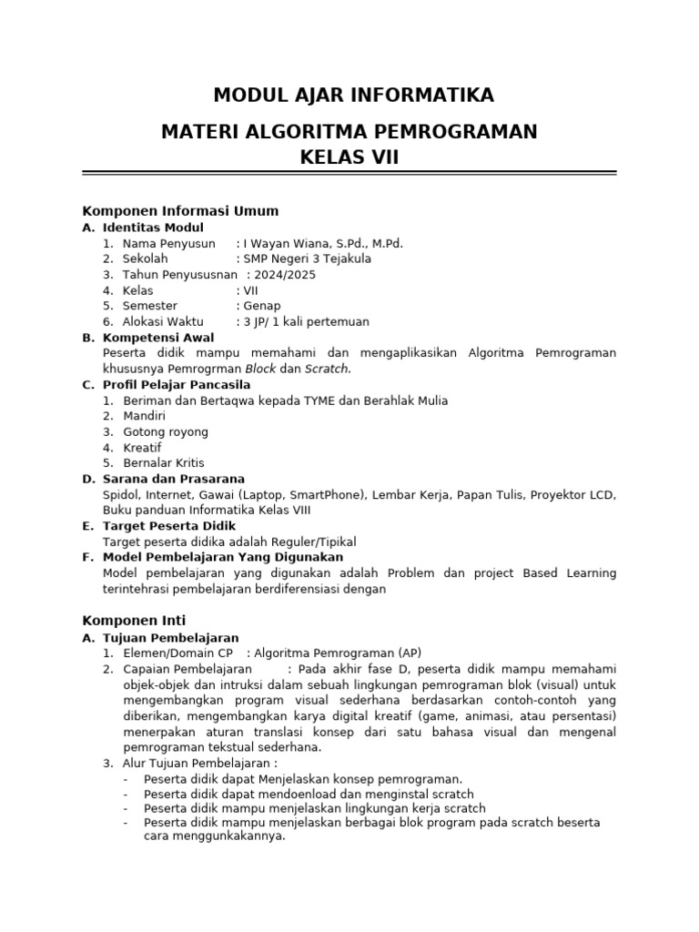 7 Modul Ajar Algoritma Pemrogrman Kelas 7 2024-2025 | PDF