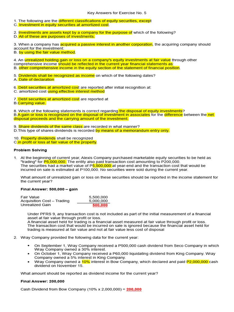 Exercise No 5 Pdf Equity Finance Fair Value