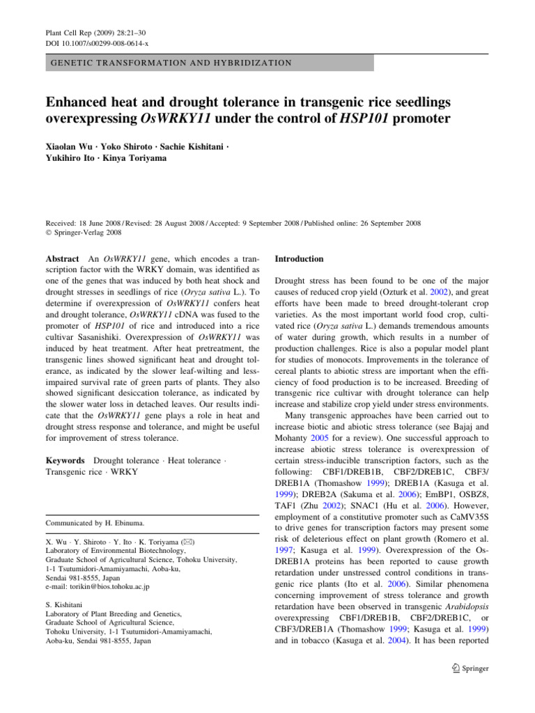Enhanced Heat and Drought Tolerance in Transgenic Rice Seedlings | PDF