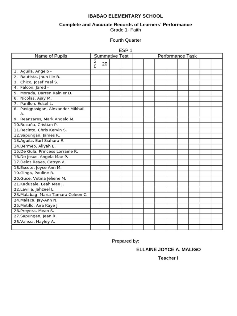 Grade 1 Learner Performance Records | PDF