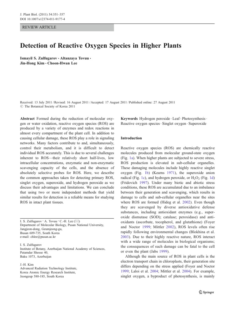 Detection of Reactive Oxygen Species in Higher Plants | PDF