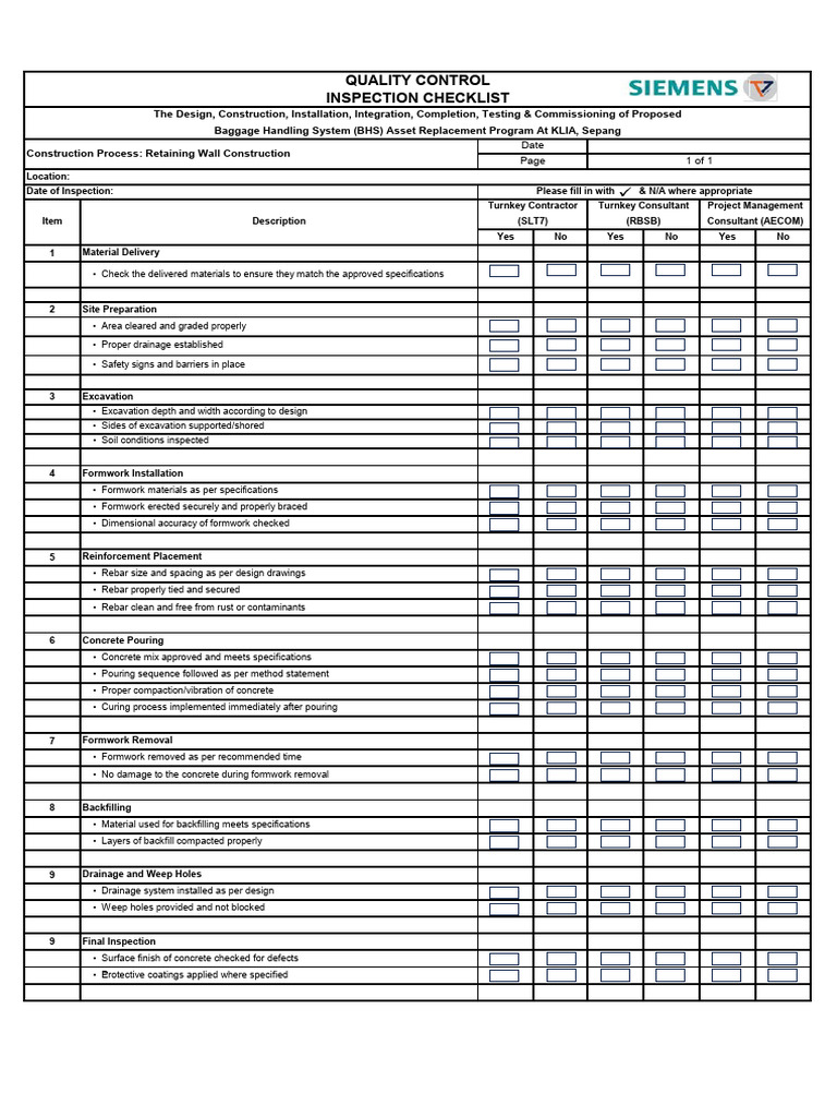 @QC Inspection Checklist Templated-Retaining Wall | PDF