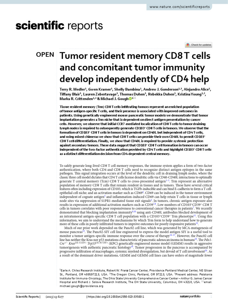 Tumor Resident Memory CD8 T Cells and Concomitant Tumor Immunity ...