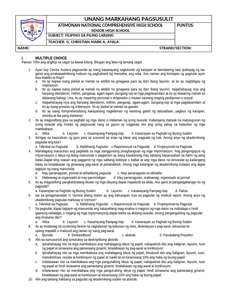 FILIPINO PILING LARANG 1st QUARTER | PDF