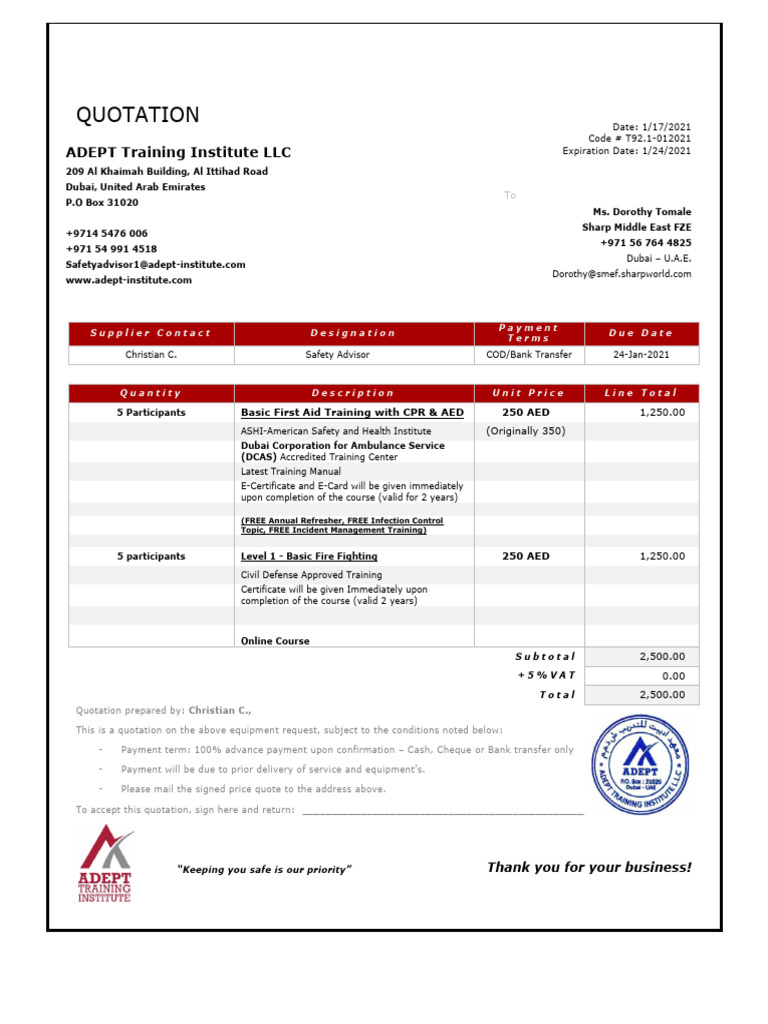 AED 2500 Quotation for Safety Training | PDF | United Arab Emirates