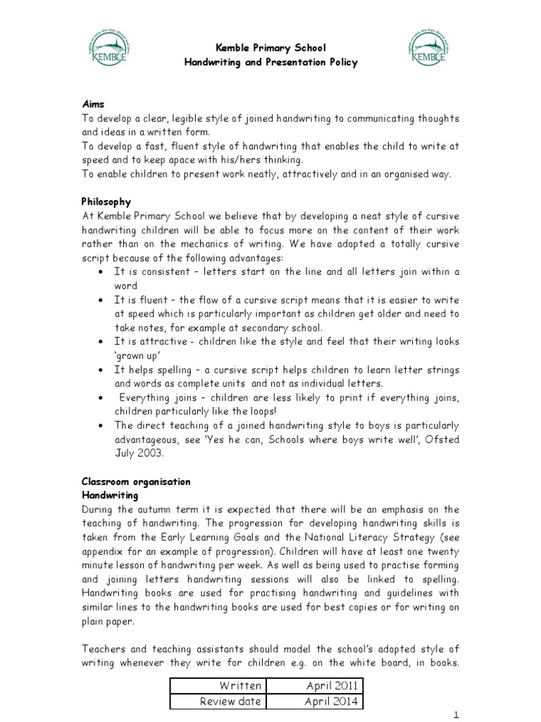 Kemble Primary Handwriting Policy | PDF | Communication | Writing