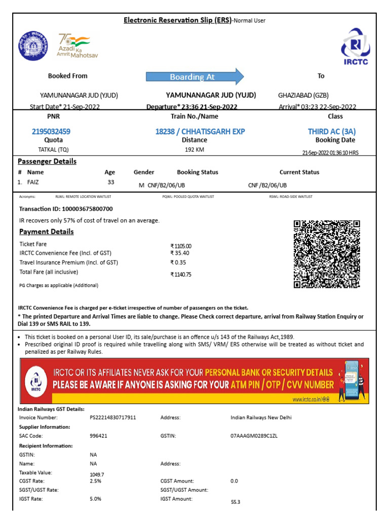 Chhatisgarh Exp Third Ac (3A) | PDF