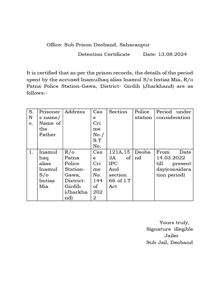 Translation of Detention Certificate PDF Translation of Detention Certificate PDF
