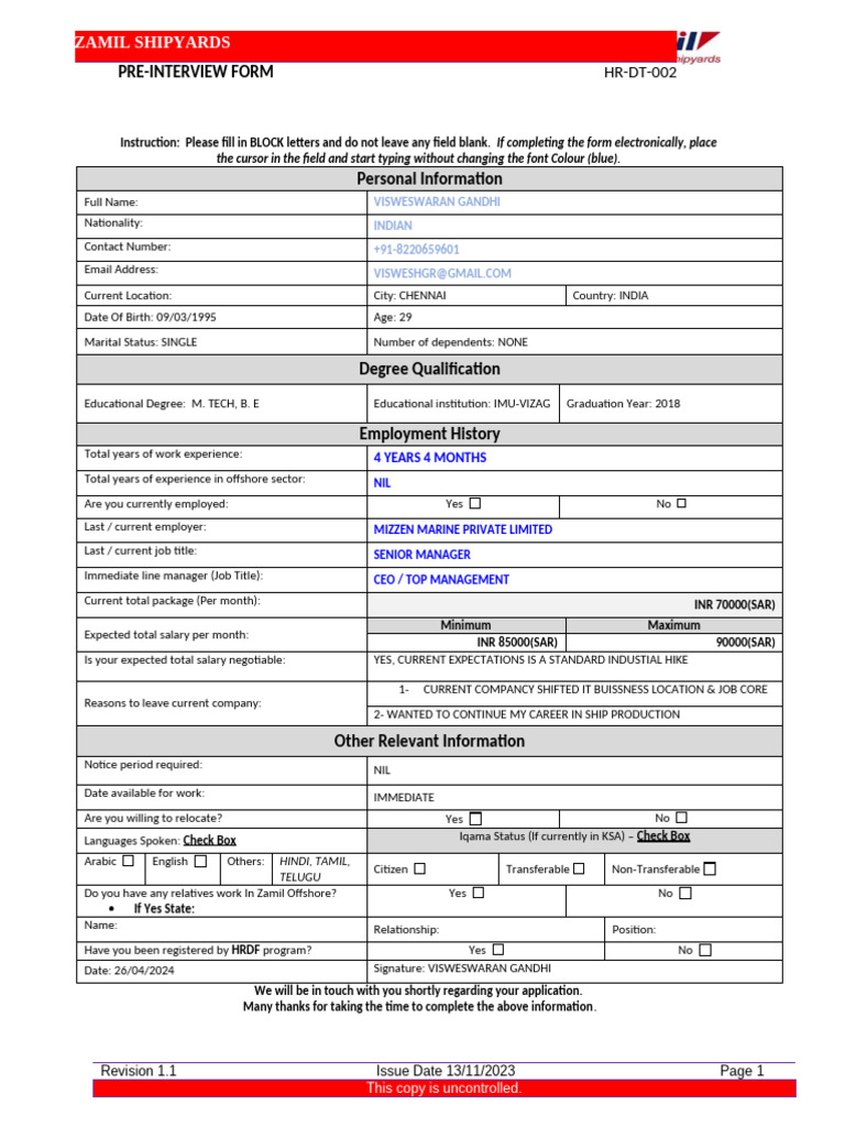 HR-DT-002 - Pre Interview Evaluation Form | PDF
