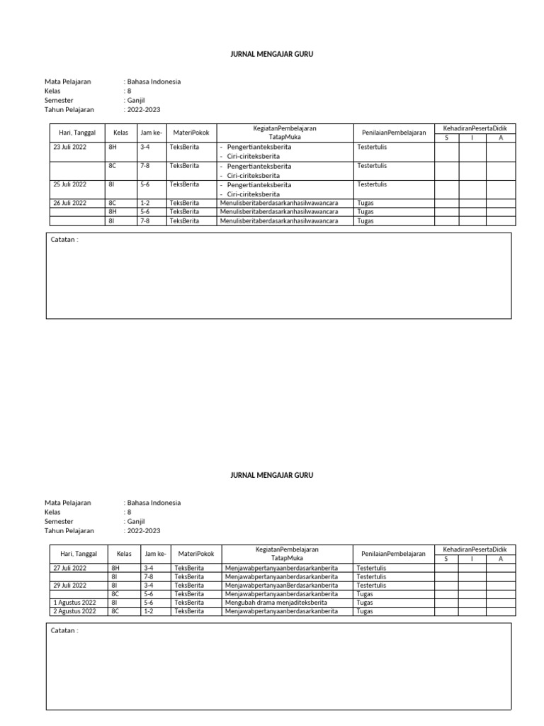 Jurnal Mengajar Guru SMP Kelas 8 | PDF