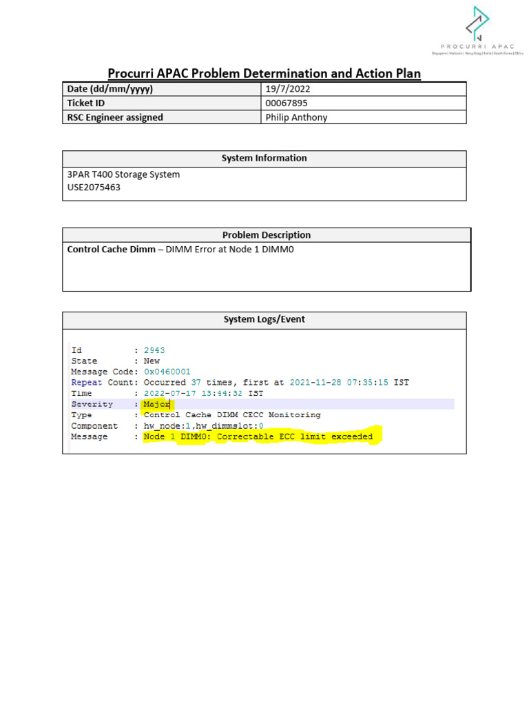 RSC PD and Action Plan - 00067895 (3PAR T400 Storage System - Replacing ...