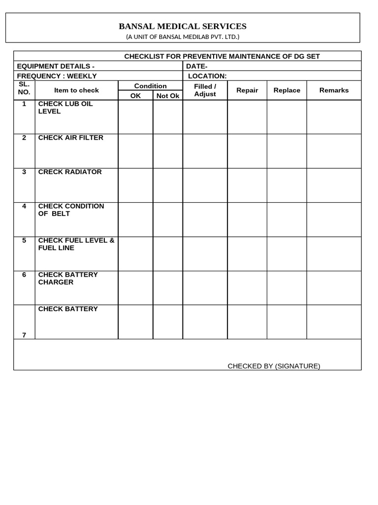 Checklist For Preventive Maintenance of DG Set | PDF