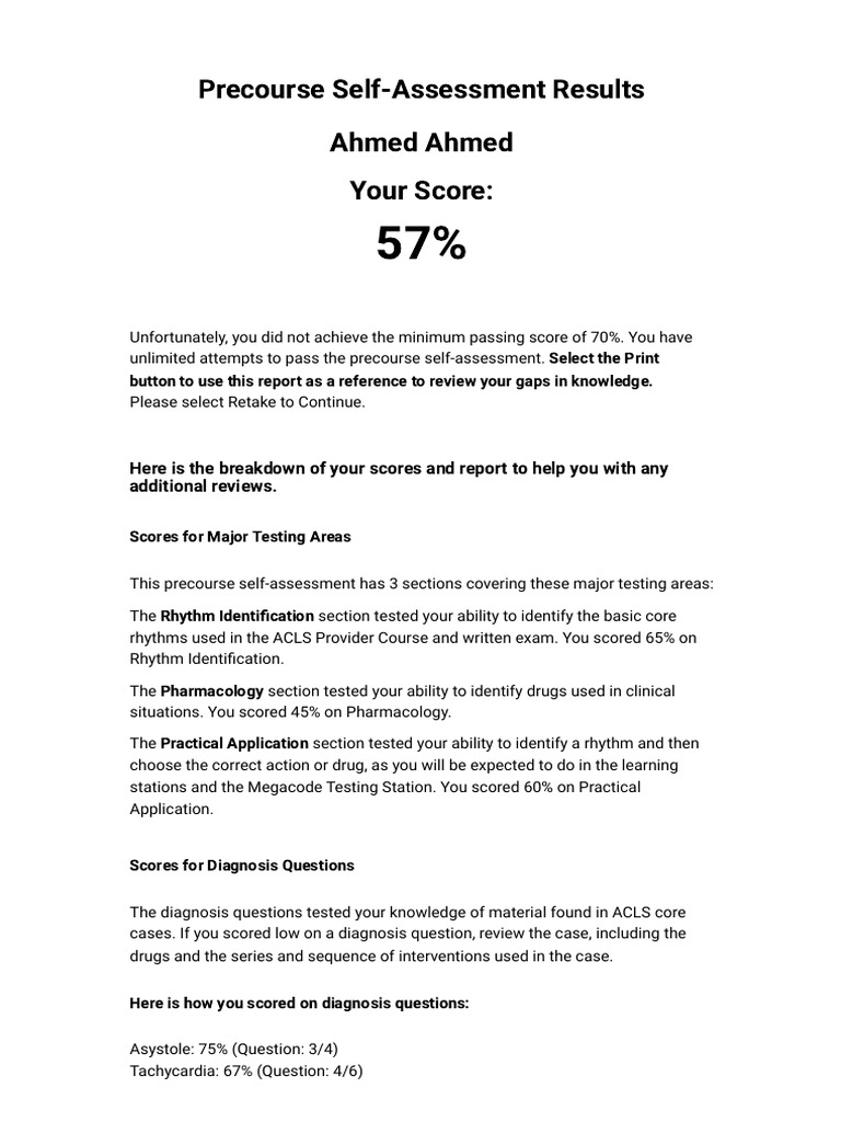 AHA Elearning - ACLS Precourse Self-Assessment | PDF