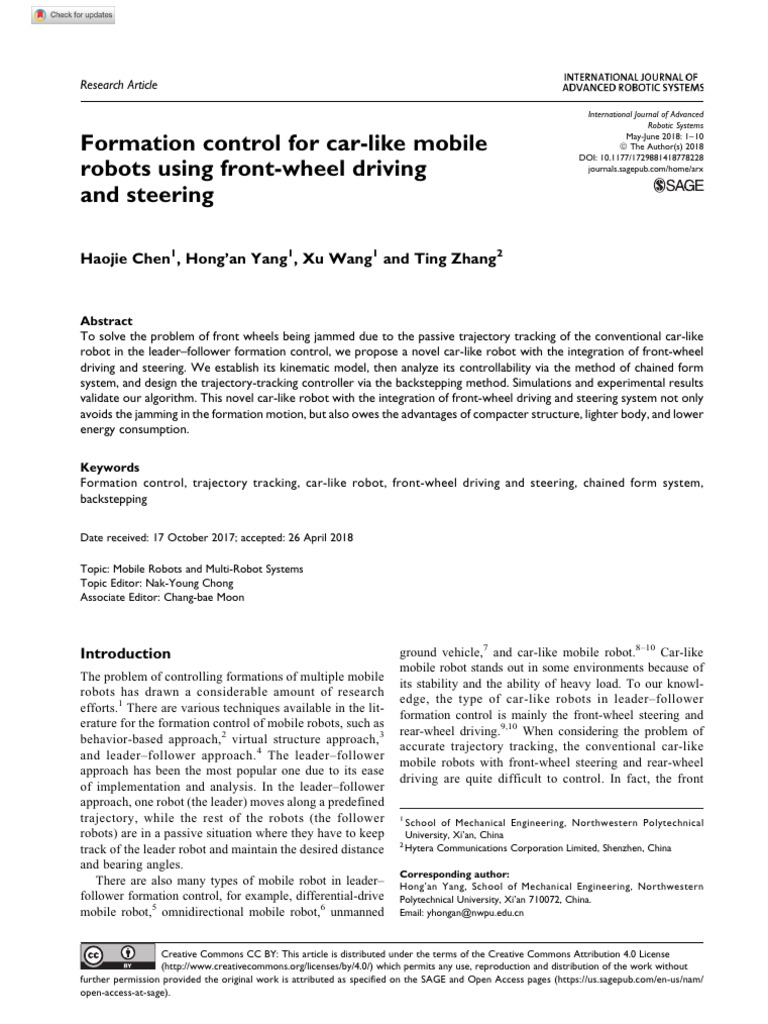 Chen Et Al 2018 Formation Control For Car Like Mobile Robots Using ...