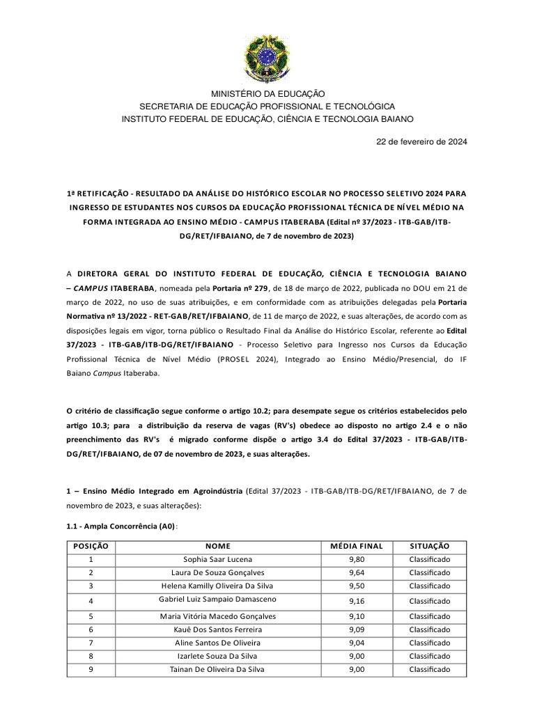 1a Retificacao Do Resultado Final Analise de Desempenho Escolar Prosel ...