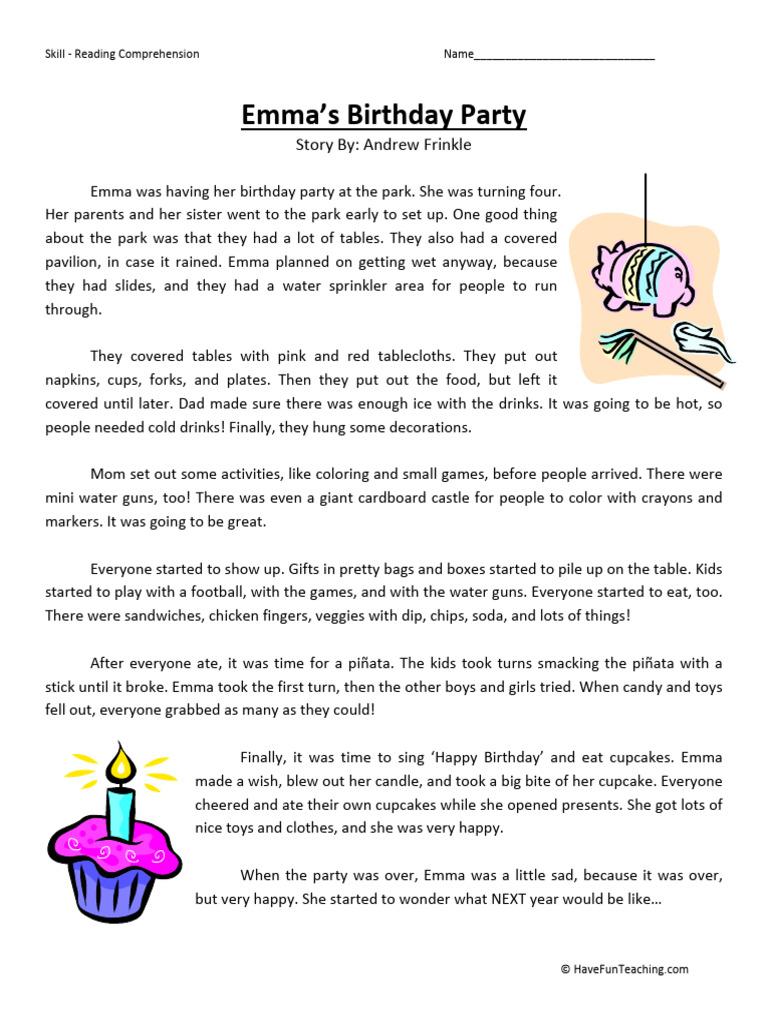 Emmas Birthday Party Fourth Grade Reading Comprehension Worksheet PDF